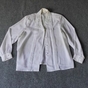 Vintage Cathy Che‎ White Blouse Lace Collar Button Down Long Sleeve Size 18